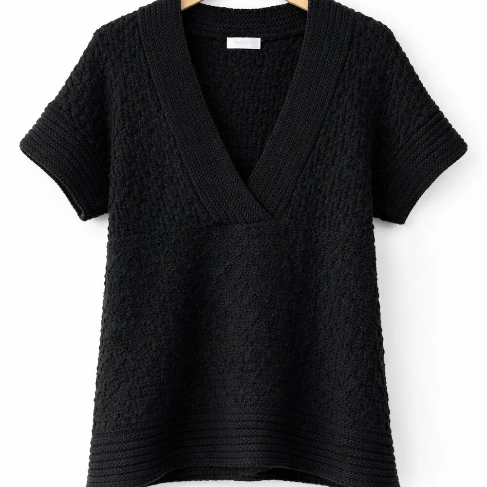 Orsay Black Knit Sweater Top Large V-Neck Short Sleeve Textured Soft Cozy - Picture 2 of 9